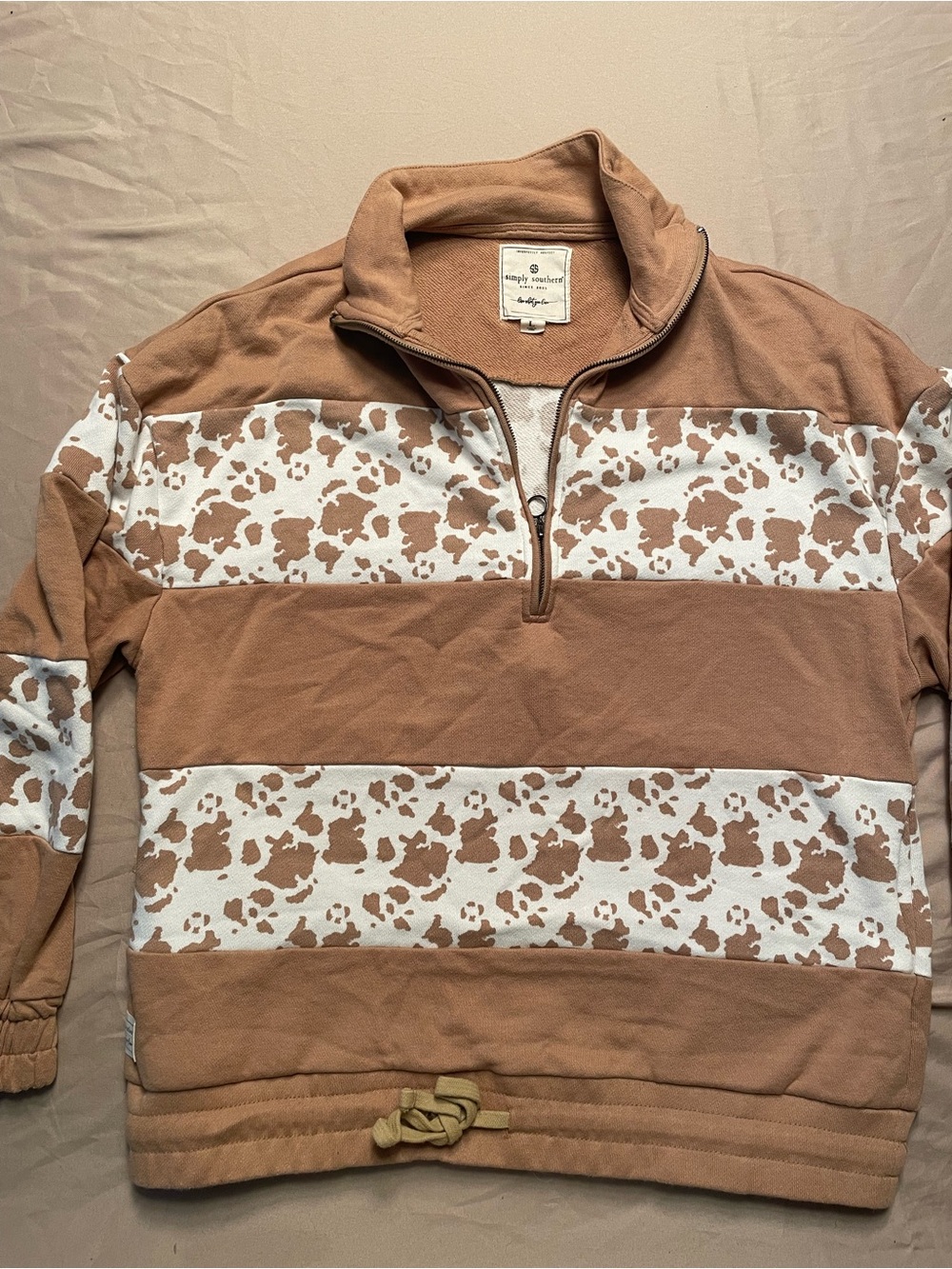Simply Southern Brown and White Quarter-Zip Pullover with Cowprint Stripes